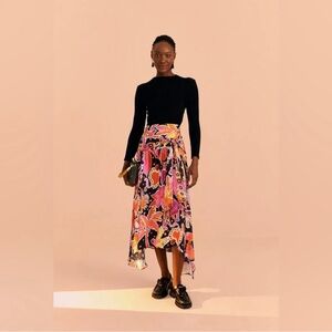 NWT Farm Rio Enchanted Nature Black Midi Skirt, XL